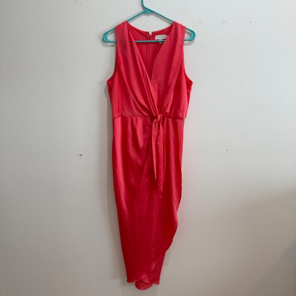Ted Baker London Pohshan Coral Pink Textured Tie Front Midi Dress Size 3 US 8-10